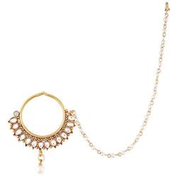 Aheli Classy Wedding Party Wear Nose Ring Nath with Pearl Chain Traditional Saree Jewelry for Indian Women