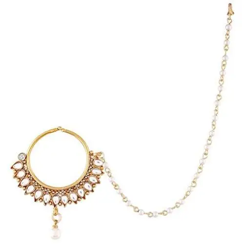 Aheli Classy Wedding Party Wear Nose Ring Nath with Pearl Chain Traditional Saree Jewelry for Indian Women Aheli Classy Wedding Party Wear Nose Ring Nath with Pearl Chain Traditional Saree Jewelry for Indian Women