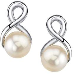 THE PEARL SOURCE 9-10mm Genuine White Freshwater Cultured Pearl Infinity Earrings for Women