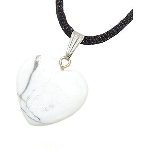 Steampunkers USA Big Heart Collection - 20mm Classic Howlite White Grey - 20-22 inch Black Cord – Crystal Gemstone Carved Necklace Charm Handmade