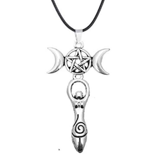 Triple Moon lady Goddess pendant necklace Hecate Wicca jewelry Pentagram Spiral pagan jewelry (Silver) triple moon necklace