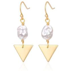 Pearl Earrings Dangle for Women 18K Gold Geometric Triangle Dangle Earrings Dainty Fashion Bohemian Earrings Jewelry Hypoallergenic Freshwater Pearls Drop Earrings for Women