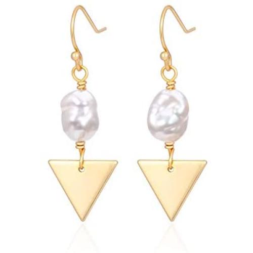Pearl Earrings Dangle for Women 18K Gold Geometric Triangle Dangle Earrings Dainty Fashion Bohemian Earrings Jewelry Hypoallergenic Freshwater Pearls Drop Earrings for Women