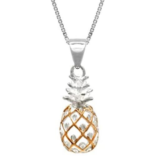 Honolulu Jewelry Company Sterling Silver with 14K Rose Gold Plated Trim Pineapple Necklace Pendant with 18'' Box Chain