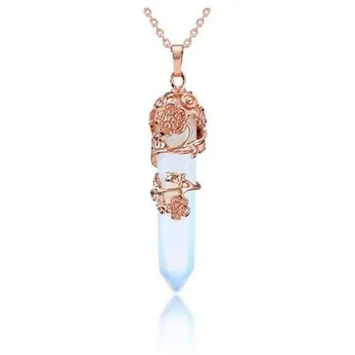 JOVIVI Rose Gold Plated Flower Wrapped Man-made Opalite Healing Crystal Necklace Hexagonal Prism Pointed Quartz Yoga Energy Chakra Gemstone Pendant Pendulum Reiki Jewelry JOVIVI Rose Gold Plated Flower Wrapped Man-made Opalite Healing Crystal Necklace Hexagonal Prism Pointed Quartz Yoga Energy Chakra Gemstone Pendant Pendulum Reiki Jewelry