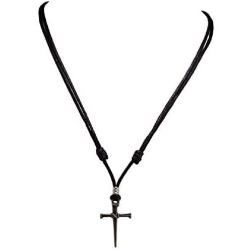 BlueRica Nail & Cross Pendant on Adjustable Black Rope Cord Necklace