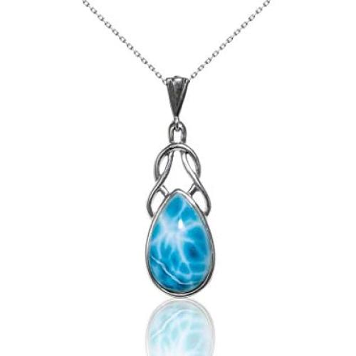 BEAN & VANILLA Larimar Stone Teardrop Ocean Blue Pendant with Italian Sterling Silver Chain Necklace