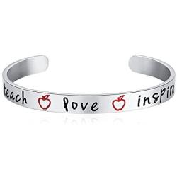 Teacher Appreciation Gift - Stainless Steel Teach Love Inspire Cuff Bangle Bracelet for Women, Jewelry for Teachers, Birthday Gifts for Teachers, Thank You for Helping Me Grow Gift