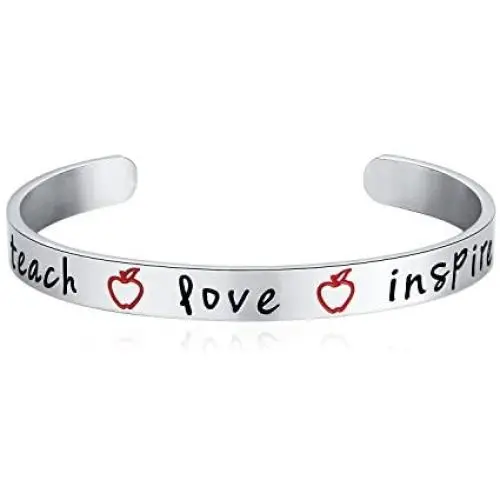 Teacher Appreciation Gift - Stainless Steel Teach Love Inspire Cuff Bangle Bracelet for Women, Jewelry for Teachers, Birthday Gifts for Teachers, Thank You for Helping Me Grow Gift
