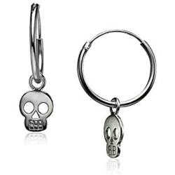 Big Apple Hoops - Easter Sunday High Polished Solid 925 Sterling Silver Punk Rock Skull Charm with 14mm Hoop Earrings in 2 Colors Silver or Black with Maximum Anti-Tarnish Finish Gifts for Men, Teens, Women