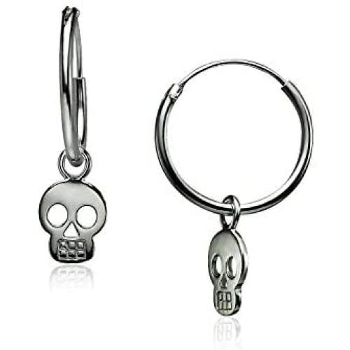 Big Apple Hoops - Easter Sunday High Polished Solid 925 Sterling Silver Punk Rock Skull Charm with 14mm Hoop Earrings in 2 Colors Silver or Black with Maximum Anti-Tarnish Finish Gifts for Men, Teens, Women