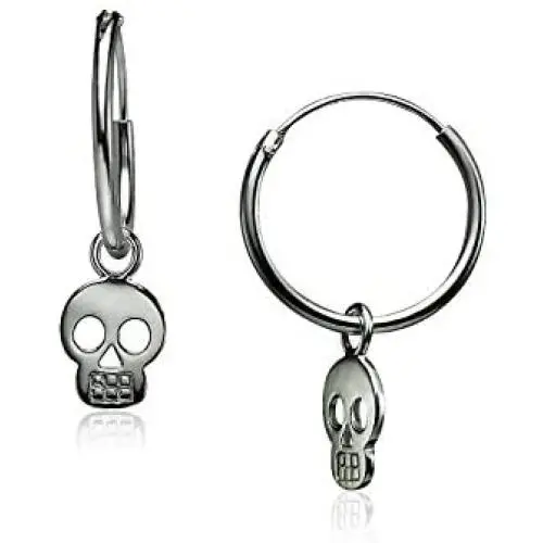 Big Apple Hoops - Easter Sunday High Polished Solid 925 Sterling Silver Punk Rock Skull Charm with 14mm Hoop Earrings in 2 Colors Silver or Black with Maximum Anti-Tarnish Finish Gifts for Men, Teens, Women