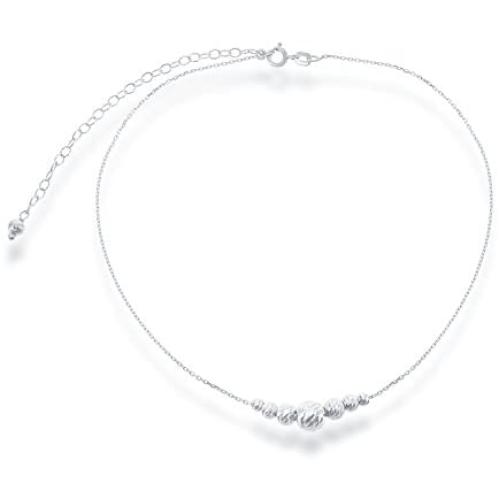 Sterling Silver 12'' + 3'' Italian Diamond-Cut Moon-Beads Choker Necklace