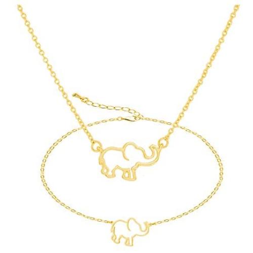 YANCHUN 2 Pieces Lucky Elephant Necklace Dainty Elephant Bracelet for Women Charm Elephant Pendant Necklace Jewelry Set BFF Gift for Girls