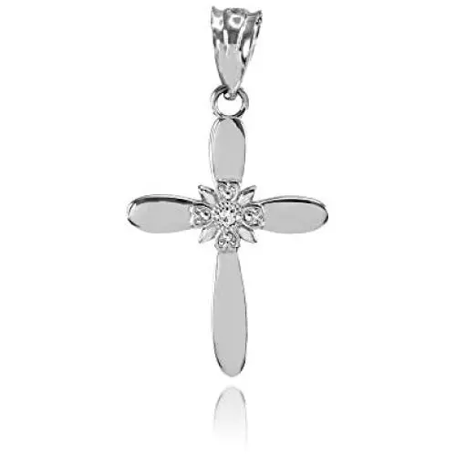 Fine 14k White Gold Solitaire Diamond Flower Cross Charm Pendant (1'' x 0.5'') Fine 14k White Gold Solitaire Diamond Flower Cross Charm Pendant (1'' x 0.5'')