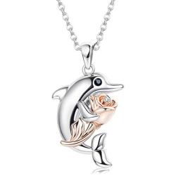 KesaPlan 14K Rose Gold Flower Dolphin Pendant Necklace for Women Dolphin Pendant Necklace Crystals from Swarovski, Valentines day Anniversary Jewelry