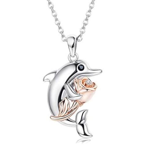 KesaPlan 14K Rose Gold Flower Dolphin Pendant Necklace for Women Dolphin Pendant Necklace Crystals from Swarovski, Valentines day Anniversary Jewelry