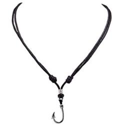 BlueRica Fish Hook Pendant on Adjustable Black Rope Cord Necklace (Chrome)
