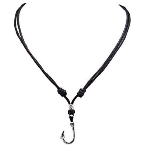 BlueRica Fish Hook Pendant on Adjustable Black Rope Cord Necklace (Chrome)