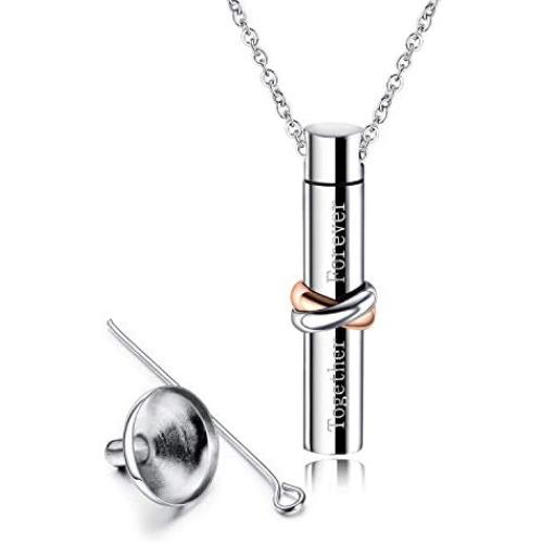 Forever Together Angel Wings Urn Necklace for Ashes Women Stainless Steel Cylinder Pendant Memorial Keepsake Cremation Jewelry