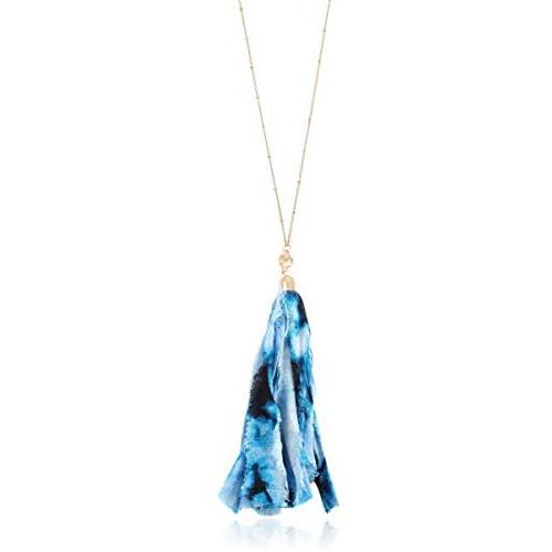 RIAH FASHION Bohemian Tassel Statement Necklace - Lightweight Plaid Fabric, Faux Suede Fringe Long Bead Chain