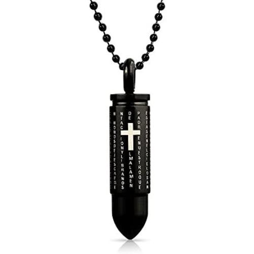 Bling Jewelry Personalize Lords Prayer Dragon Snake Scorpion Bullet Pendant Necklace for Men Teen Black Oxidized Silver Tone Stainless Steel