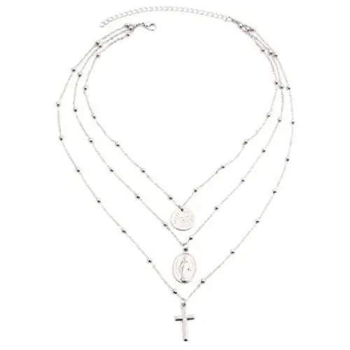 QIHUI Multilayer Necklace, Silver Multilayer Cross Girls Tag Coin Crucifix Virgin Mary Pendant Beads Christian Jesus Necklace St. Mary Catholic Choker Necklace Layer Cross for Women Jewelry