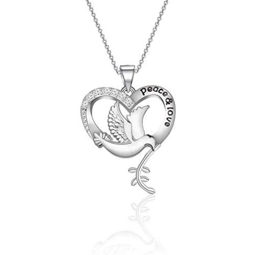 WSNANG White Dove Jewelry Peace and Love Necklace Dove in Heart Necklace Peace Statement Gift