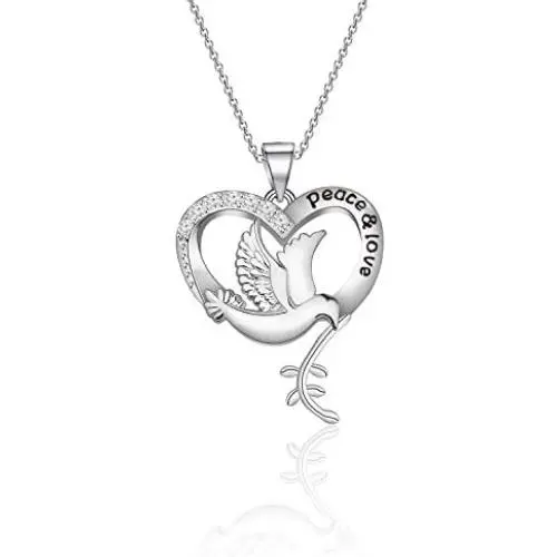 WSNANG White Dove Jewelry Peace and Love Necklace Dove in Heart Necklace Peace Statement Gift