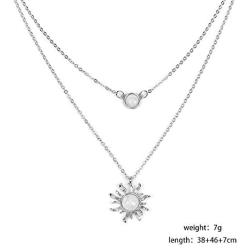 HUNO Double Chains Moon and Sun Layered Choker Necklace Sunflower Opal Pendant Necklace Gift for Women