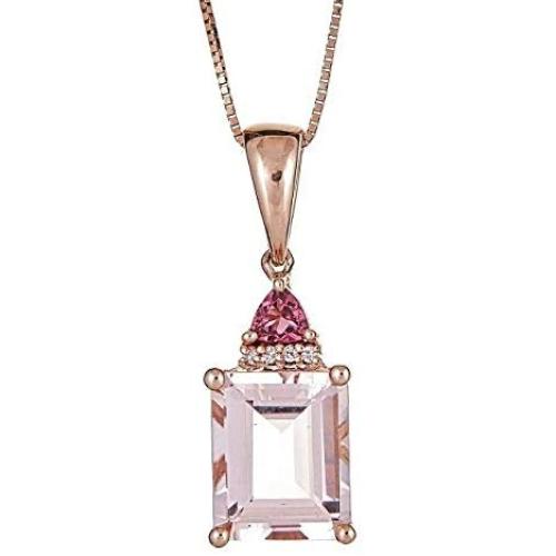 Gin & Grace 14K Rose Gold Natural Emerald Cut Genuine Morganite & Genuine Pink Tourmaline with Diamond Statement Cocktail Pendant for Women