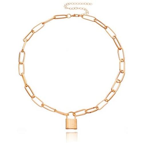 Punk Geometric Vintage Pendant Lock Choker Necklaces Thick Chunky Cuban Curb Link Chain Collar Collette Simple Clavicle for Women Girls Fashion Charm Jewelry