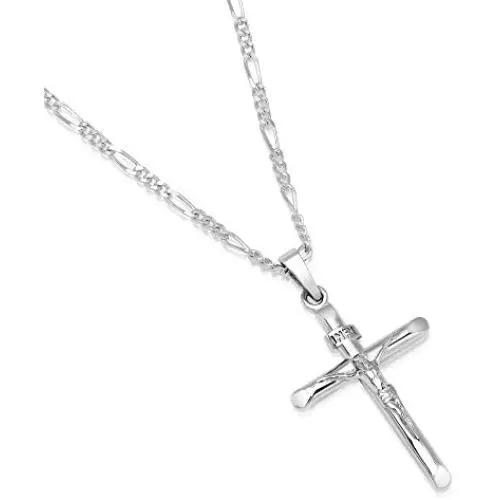 XP Jewelry Mens Sterling Silver Crucifix Pendant Figaro Chain Necklace Italian Made - Choose Width and Length XP Jewelry Mens Sterling Silver Crucifix Pendant Figaro Chain Necklace Italian Made - Choose Width and Length