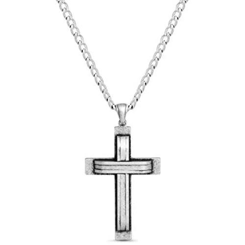 Steve Madden Oxidized Stainless Steel Cross Necklace for Men 24 Inch Curb Chain