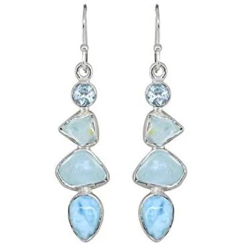 YoTreasure 2'' Raw Blue Topaz Larimar Solid 925 Sterling Silver Dangle Earrings