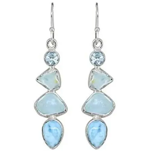 YoTreasure 2'' Raw Blue Topaz Larimar Solid 925 Sterling Silver Dangle Earrings YoTreasure 2'' Raw Blue Topaz Larimar Solid 925 Sterling Silver Dangle Earrings