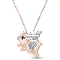 Jewel Zone US Black and White Natural Diamond Flying Pig Pendant Necklace 14k Gold Over Sterling Silver