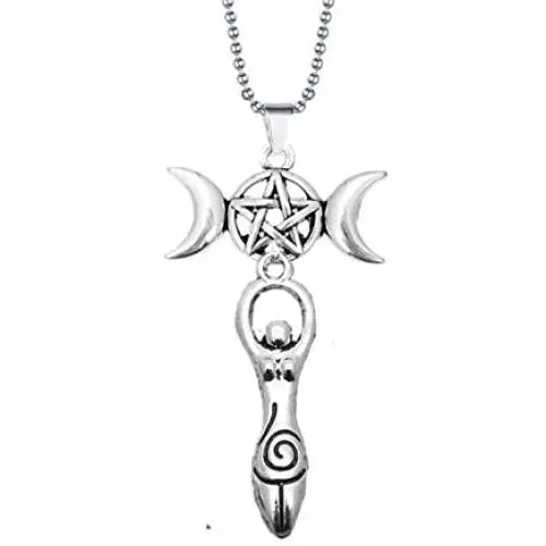 Triple Moon lady Goddess necklace Wicca jewelry Pentagram Spiral pagan witch jewelry with 24'' stainless steel chain witchcraft pendant necklaces