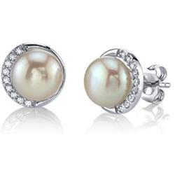 THE PEARL SOURCE 8.5-9mm Genuine White Freshwater Cultured Pearl & Cubic Zirconia Harley Earrings for Women