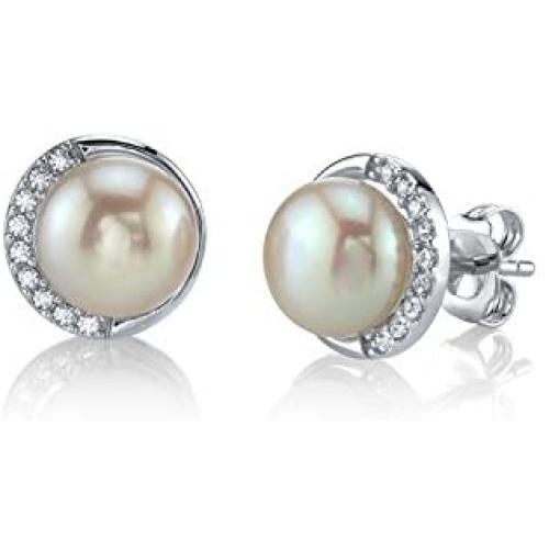 THE PEARL SOURCE 8.5-9mm Genuine White Freshwater Cultured Pearl & Cubic Zirconia Harley Earrings for Women