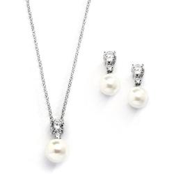 Mariell Cubic Zirconia & Ivory Pearl Wedding Necklace and Earrings Jewelry Set for Bridesmaids & Brides