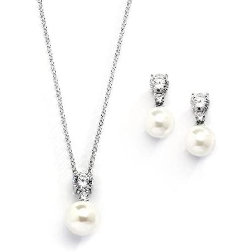 Mariell Cubic Zirconia & Ivory Pearl Wedding Necklace and Earrings Jewelry Set for Bridesmaids & Brides