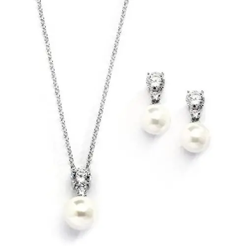 Mariell Cubic Zirconia & Ivory Pearl Wedding Necklace and Earrings Jewelry Set for Bridesmaids & Brides