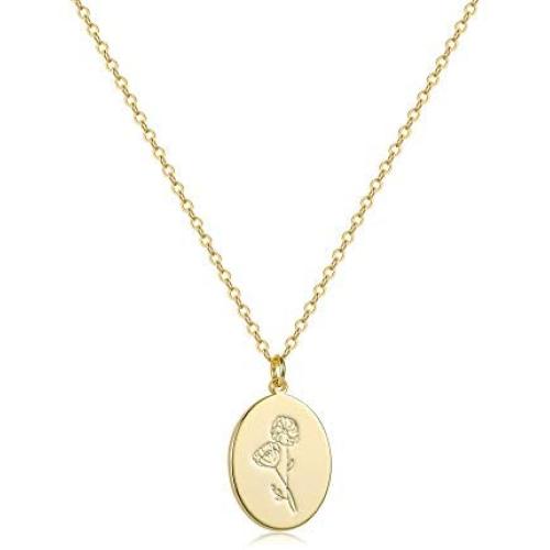 S.J JEWELRY 14K Gold Plated Guardian Flower Necklace Disc Coin Pendant Personalized Gift for Women Girls 12 Months Constellation Birthday Lucky Flower Necklace