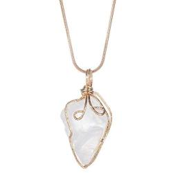 JUNHAN Natural Rock Quartz Pendant Necklace for Women Tumbled Raw Irregular Crystal Wrapped Gold Wire Chakra Gemstone Jewelry with 2 Different Chains