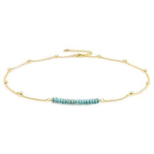 18K Gold Satellite Beaded Curb Ball Chain Choker Turquoise Beads Bar Necklace Handmade Pendant Jewelry Adjustable for Women 16”+ 2”