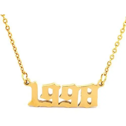 HUTINICE Birth Year Necklace, Old English Number Silver Pendant Necklace for Women and Girl Birthday Gift 18 inch Gold Chain Stainless Steel Friendship Jewelry