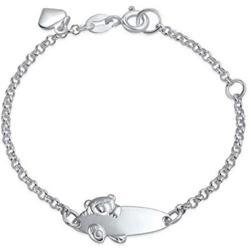 Personalized Name Bar Teddy Bear ID Identification Bracelet Women Teen 925 Silver Sterling Small Wrists 5-6 Inch Adjust