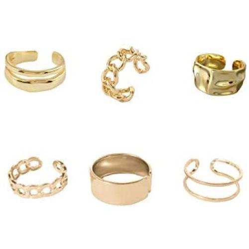 6 Pcs Chunky Gold Open Rings Boho Adjustable Statement Rings Set Gothic Punk Gold Brass Chunky Twisted Chain Geometric Rings for Women Girl Jewelry