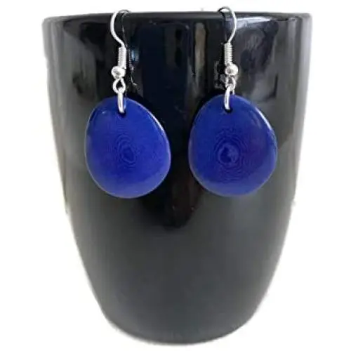 Tagua Earrings in Blue, Vegetable Ivory Dangle Earrings TAG272, Organic Earrings, Tagua Earrings Royal Blue
